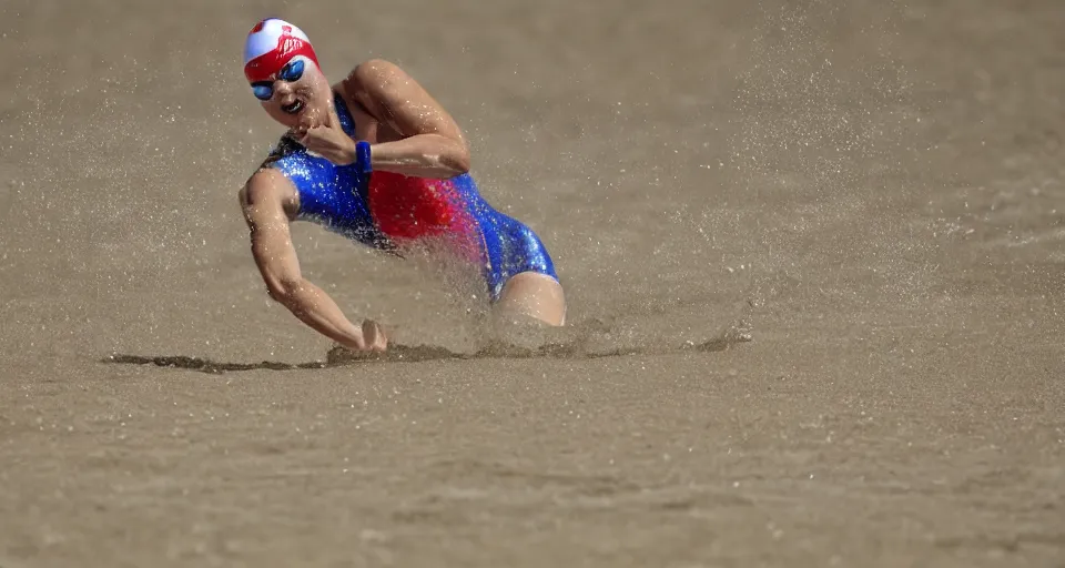 Image similar to olympic swimming in sand instead of water, extremely coherent, motion blur