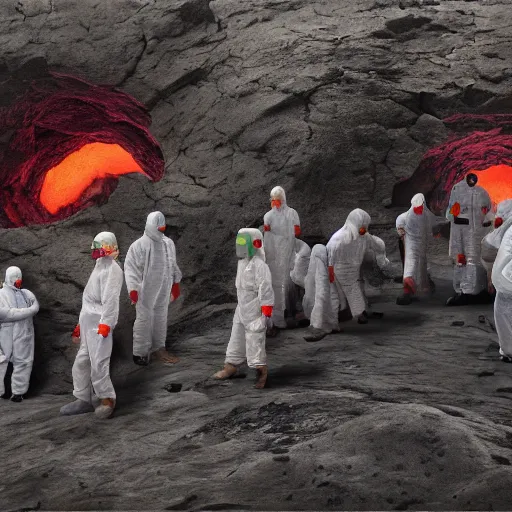 Prompt: wide - shot photo of a group of scientists in hazmat suits, studying a hell open rift portal, by shaun tan, codachrome, hellish, unsettling, otherworldly, smoke, machines, floating rocks, 8 k, hd, highly detailed,