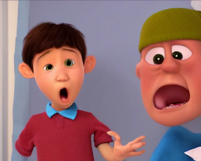 Prompt: detailed cartoon portrait of a little boy with a runny nose singing to his grandpa, 3 d pixar, sharp high quality