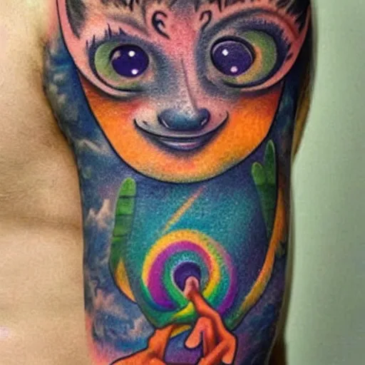 Prompt: shoulder tattoo of a multicolored hallucinating cute bush baby, eyes are rainbow spirals, happy mood, surrounded with colorful magic mushrooms and rainbowcolored marihuana leaves, insanely integrate