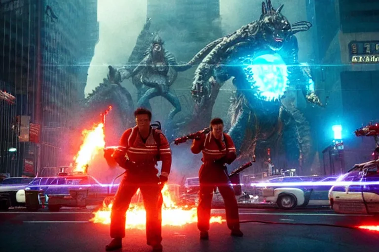 Prompt: film still of the ghostbusters fighting a kaiju in tokyo in the new pacific rim king of the monsters movie