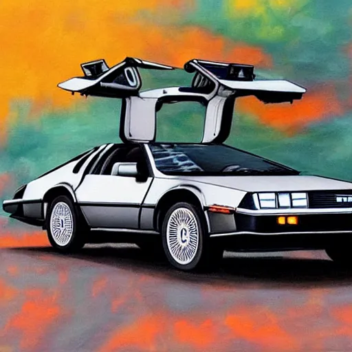 Image similar to painting of a delorean with tiger stripe viynl rap,