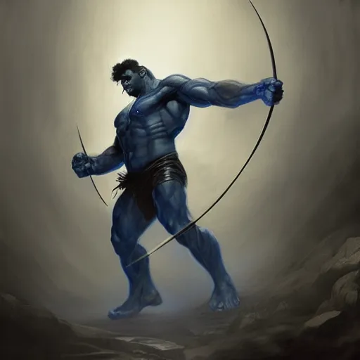 Image similar to artstation concept a midnight blue hulk holding bow and arrow, dusty, hyperdetailed, artstation trending, world renowned artists, worth 1 0 0 0. com, historic artworks society, antique renewel, cgsociety, by greg rutkowski, by gustave dore, deviantart