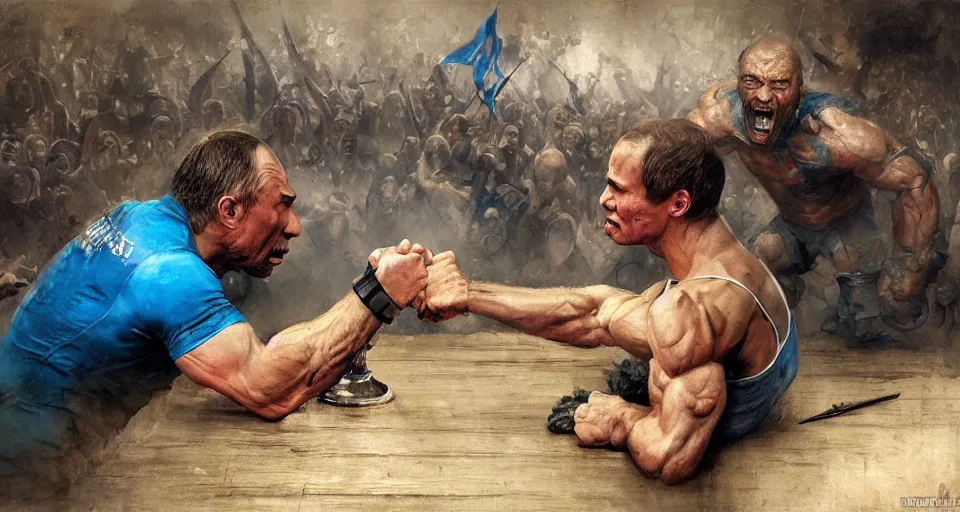 Prompt: arm wrestling ( vladimir putin ) vs ( ( ( litle boy ) ) ), hyperrealistic, digital concept art, caricature illustration, violent. horror. art by gaston bussiere and greg rutkowski in yelow and blue color