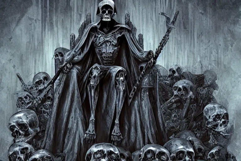 Image similar to Grim reaper sitting on a throne made of skulls, wide shot, digital art, fantasy, concept art, highly detailed, dark colors, blue tint,