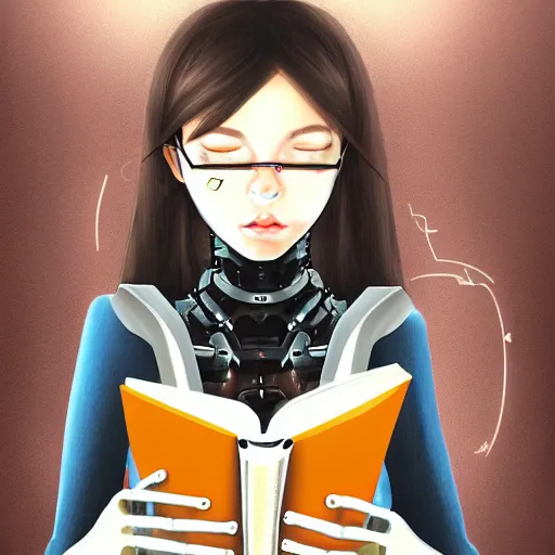 Prompt: robotic cybernetic girl reading a book, portrait, pixiv, arstation, digital art