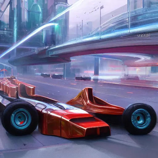 Image similar to a formula 1 from the future, nuclear powered, racing with doc's delorean detailed, artstation, concept art, donato giancola, joseph christian leyendecker, wlop, strong eyes, highest resolution, extremely detailed | beautiful, establishing shot, artistic, hyperrealistic, enhanced hands, octane render