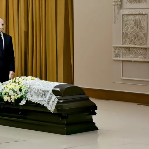 Prompt: sad dead Putin lies in a coffin. dramatic lighting, award winning studio photo