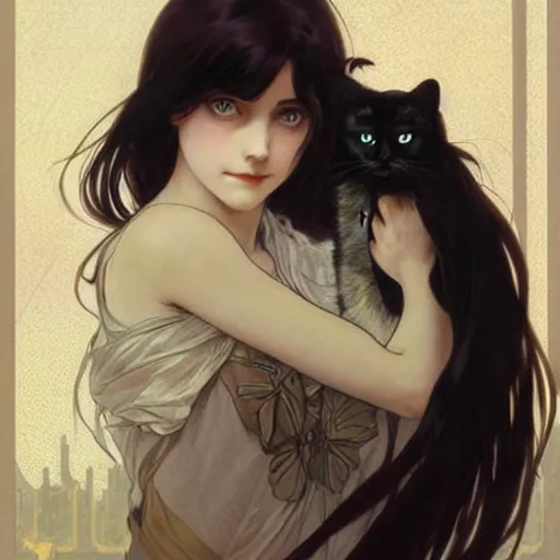 Prompt: emo girl and her cat, with long dark hair, thick eyebrows!!! deep dark big eyes and dark circles!, wide nose!!!, oval face shape, big cheeks!, by greg rutkowski and alphonse mucha, trending on pixiv