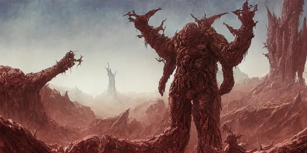 Prompt: concept art of a giant bulky fractal titan, the deadly sin of sloth, day time, foreboding, fantasy, field, wayne barlowe