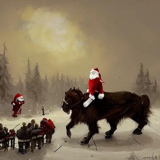 Image similar to the santa wars, painting by jakub rozalski,