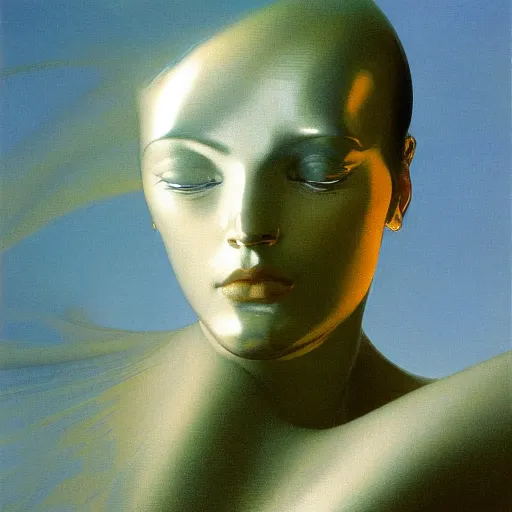 Image similar to a chrome woman's face in flowing sheets of cobalt blue gold chrome silver satin, by moebius syd mead roger dean wojciech siudmak donato giancola yoshitaka amano ivan aivazovsky jan de heem pieter claesz paul delaroche alma tadema aelbert cuyp willem claesz, hyperrealistic volumetric light render