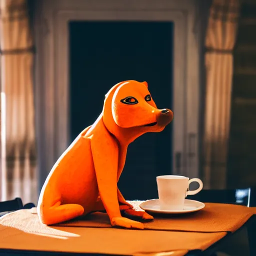 Image similar to a photograph of an orange humanlike dog in his house, sitting relaxed at a table, ☕ on the table, surrounded by flames and fire, smoke above him