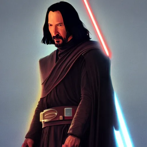 Image similar to keanu reeves as keanu reeves as darth revan by leonardo divinci, greg rutkowski, alphonse mucha, mystical cosmic lighting, octane render, artstation, rey tracing, golden ratio, rule of thirds, perfect composition