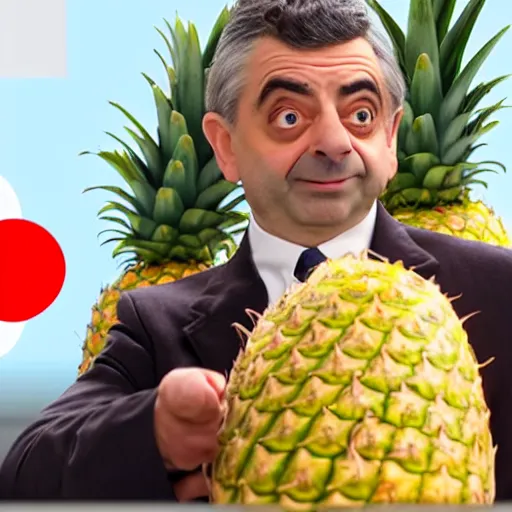 Prompt: rowan atkinson as mr. beans stealing a pineapple from target store, focused face, realistic photo, uhd