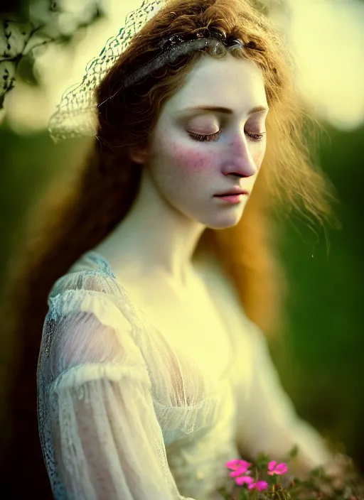 Image similar to Kodak Portra 400, 8K, soft light, volumetric lighting, highly detailed, britt marling style 3/4, Close-up portrait photography of a beautiful woman how pre-Raphaelites a woman with her eyes closed is surrounded by water, she has a beautiful lace dress and hair are intricate with highly detailed realistic beautiful flowers , Realistic, Refined, Highly Detailed, natural outdoor soft pastel lighting colors scheme, outdoor fine art photography, Hyper realistic, photo realistic