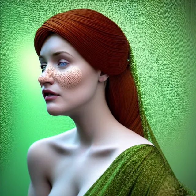 Prompt: an striking!! render of a woman with auburn hair and a white veil on her head wearing a green dress sitting in front of an open window, an ambient occlusion render, featured on zbrush central, hyper realistic art, neural pointillism, houdini, zbrush, warm earth tones, natural light