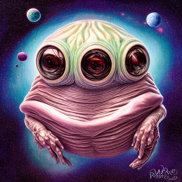 Image similar to a highly detailed tardigrade, it has a beautiful unconventional face, floating through deep space, elegant, hyperrealistic, digital painting, artstation, realism, concept art, pop, smooth, mythological, sharp focus, qualia, illustration, art by mark ryden 3 d 8 k ultra detailed