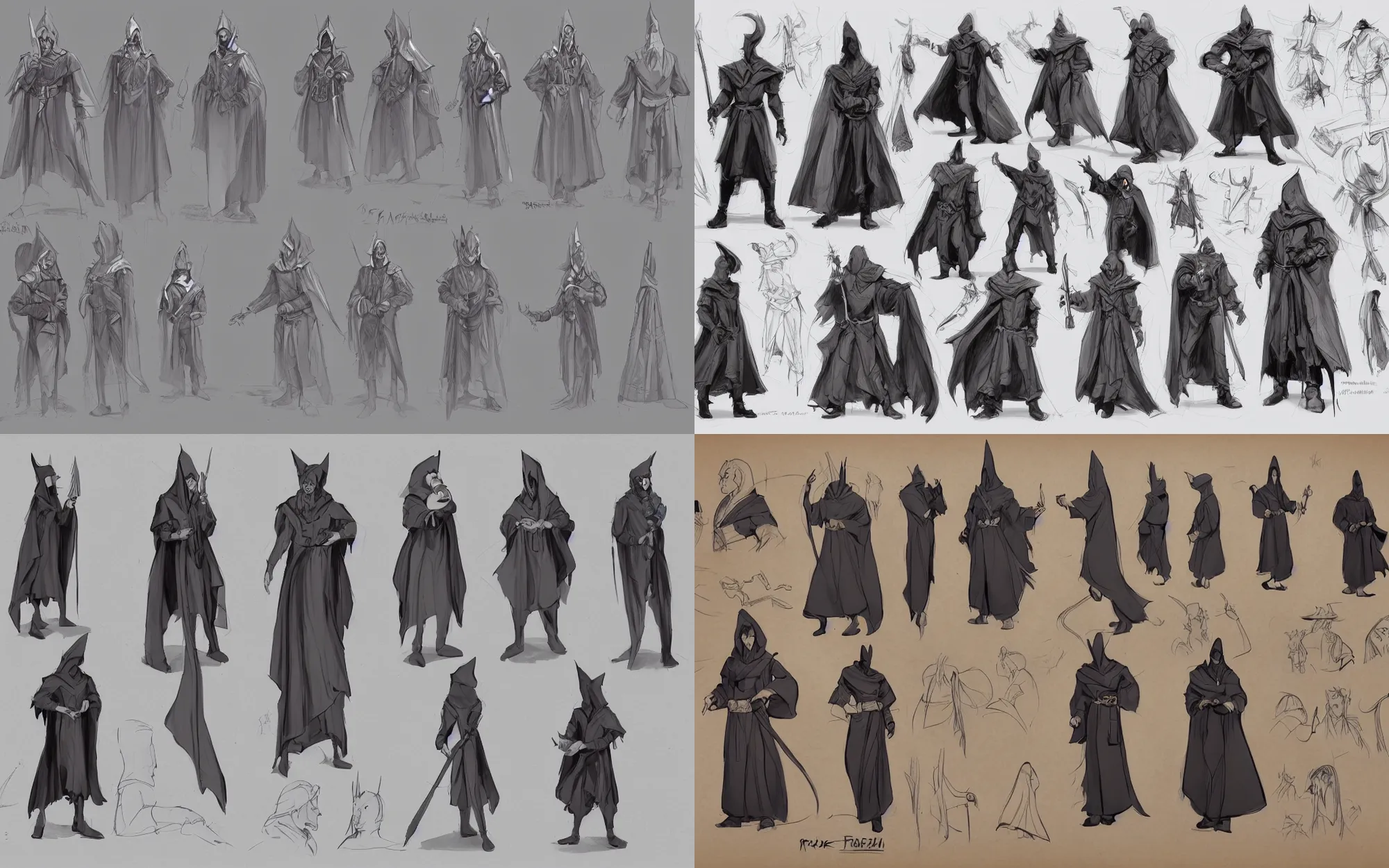 Prompt: traditional character design sheet, cinematic clean concept art of a male magician wizard, potion belt, robes, hood, art by frank frazetta, artsation, 8k,