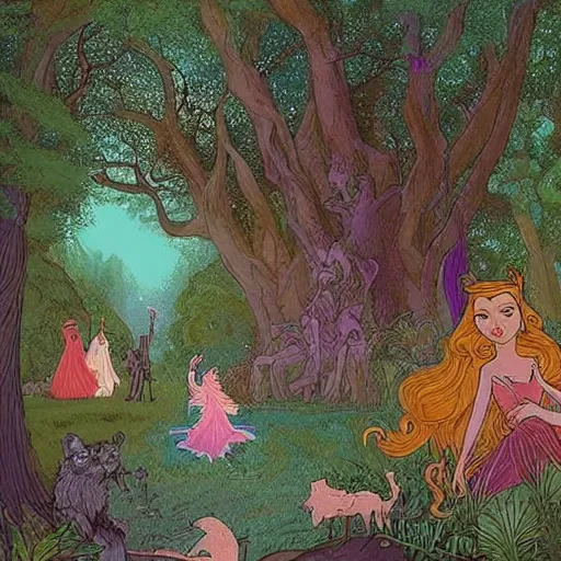 Prompt: A beautiful street art of Princess Aurora singing in the woods while surrounded by animals. She looks so peaceful and content in the company of the animals, and the colors are simply gorgeous. mythological map by Josan Gonzalez, by Bill Henson amorphous