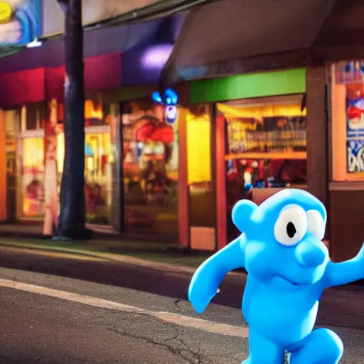 Prompt: photo of a smurf walking down ventura boulevard at night