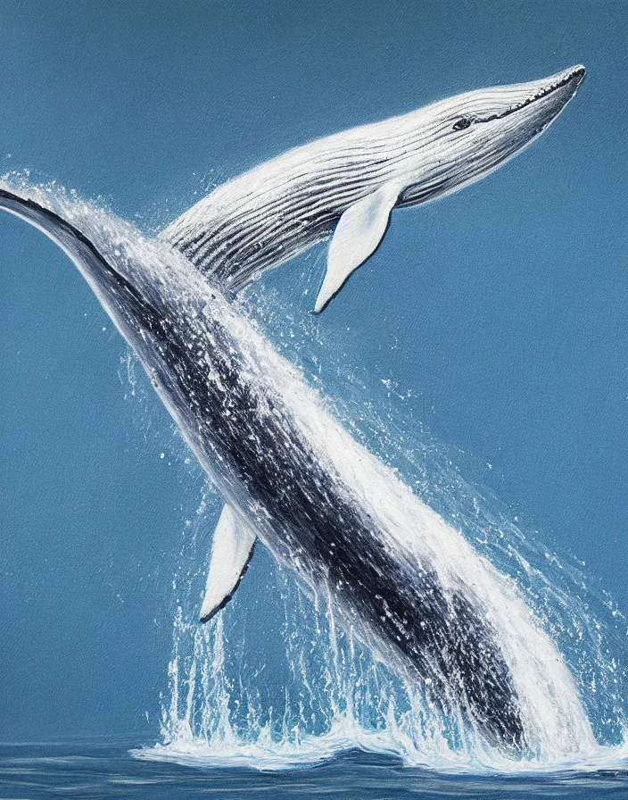 Image similar to high detail painting of a humback whale jumping out of water