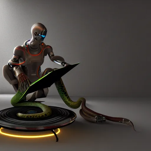 Image similar to cyborg sitting Infront of snake who's getting into gramophone, high quality image, 3Drender, long shot denoise