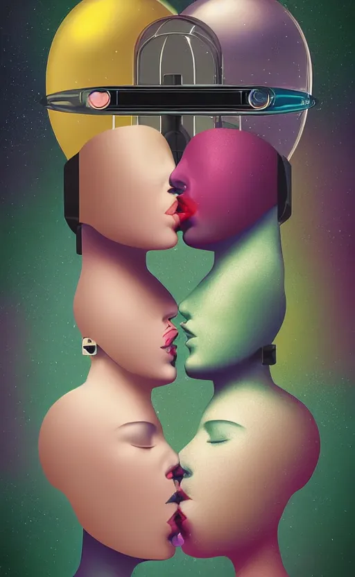 Prompt: portrait of two girl kissing each other and wearing a futuristic helmet by Petros Afshar and Beeple, James Gilleard, Mark Ryden, Wolfgang Lettl highly detailed