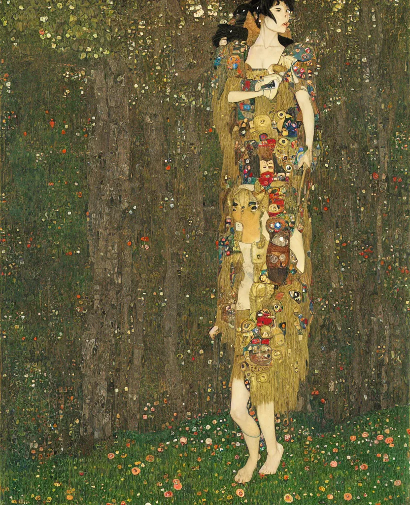 Prompt: portrait of fierce Princess Mononoke, fully clothed in armor, lush forest landscape, painted by Gustav Klimt, norman rockwell, james gurney, denoised, sharp, architectural