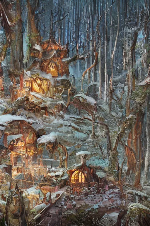 Image similar to a storybook illustration of a ramshackle multistory fairytale hut in the forest, intricate, elegant, fantasy, highly detailed, digital painting, concept art, sharp focus, artstation