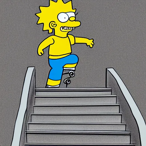 Prompt: A boy, (Bart Simpson), skateboarding down a flight of stairs at home, digital art, 4K, 8K