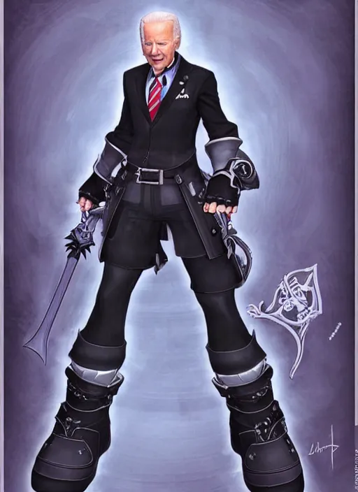 Prompt: joe biden as a kingdom hearts villain, official square enix concept art, intricate design, high definition, delicate patterned, fantasy, fashionable rpg clothing