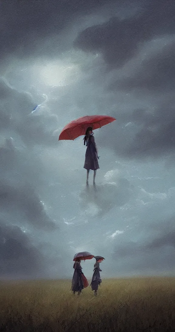 Image similar to Holding an umbrella in a thunderstorm in the prairie, pretty, by Studio Ghibli and Greg Rutkowski, artstation