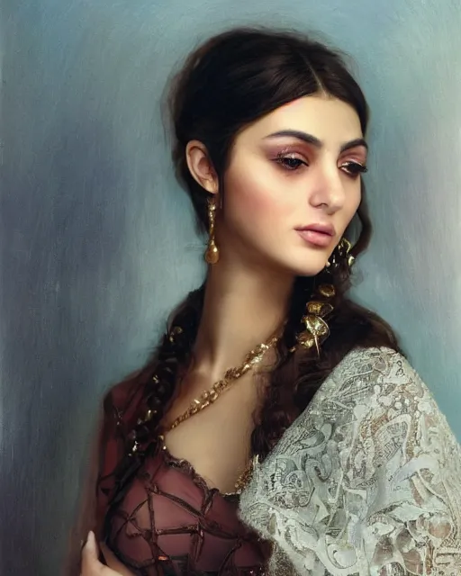 Image similar to a highly realistic, true to life portrait of a beautiful young middle eastern girl, soft focus, from the waist up, with sharp features, a beautiful face, soft smile, under studio lighting, taken with a canon eos camera with 1 3 5 mm focal length by karol bak, james jean, tom bagshaw, rococo, sharp focus, trending on artstation,