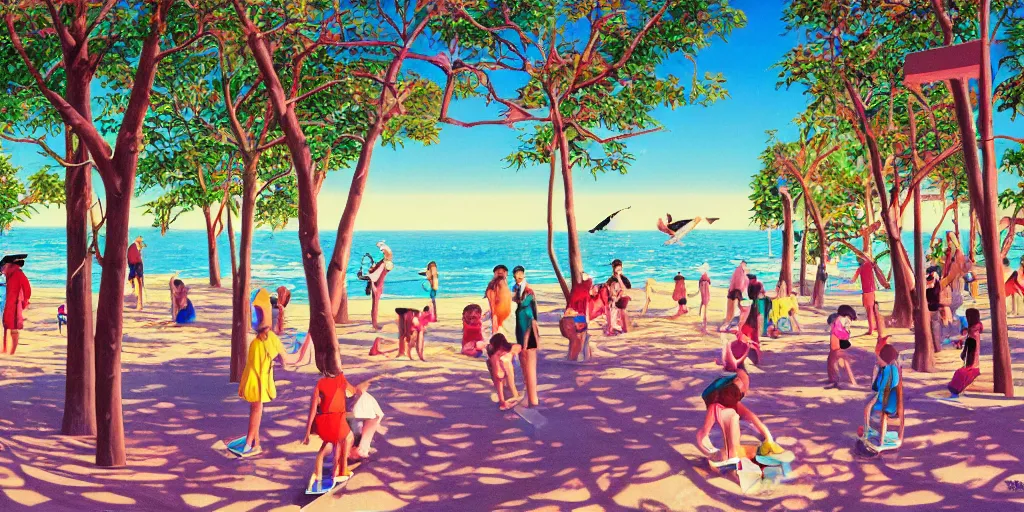 Prompt: sea, sand beach, a lot of wolves, all wolves in the world, children playground, in the forest, little girls skating, family and emma, colorful, full hd, highdetailed, hyperrealistic painting by Hiroshi Nagai