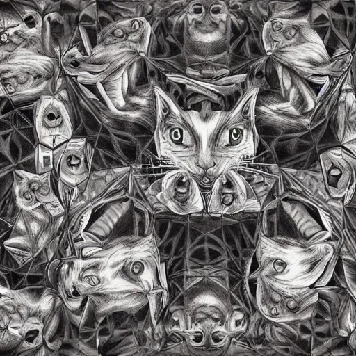 Image similar to cats in the style of escher. symmetric. detailed. hd