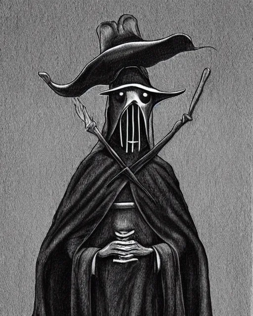 Image similar to portrait a plague doctor holding his mask, mask in hand, black robes, detailed art by greg rukowtski