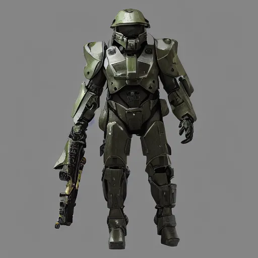 Image similar to a heavily armored soldier wearing a helmet resembling a birdcage, halo inspired, realistic octane render