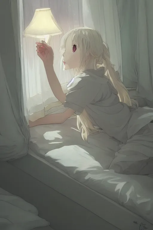 Image similar to a girl in a jk uniform outfit in the bedroom reading a book in a night, raining outside the window, grey theme ， wavy white long hair, by krenz cushart and mucha and akihito yoshida and greg rutkowski and makoto shinkai, detailed eyes, 4 k resolution