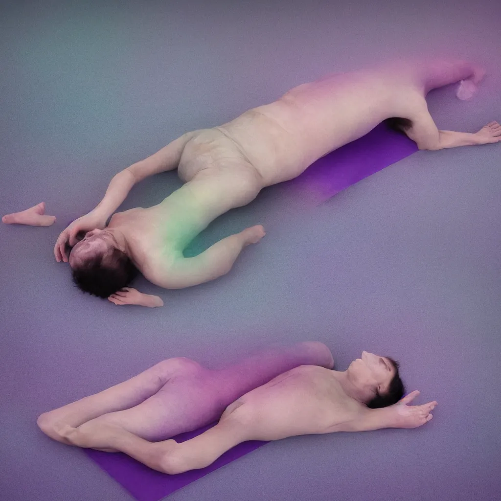 Image similar to cinestill of iridiscent oil with corpses connected by ethernet cables to wax technical forms to a buried baby relaxing on yoga mat, faded, iridiscent gradient, purple fog, depth of field, blur, very detailed, by nadav kander and hans bellmer, 8 k, ultrarealistic, sad atmosphere, cinematic, 8 5 mm lens