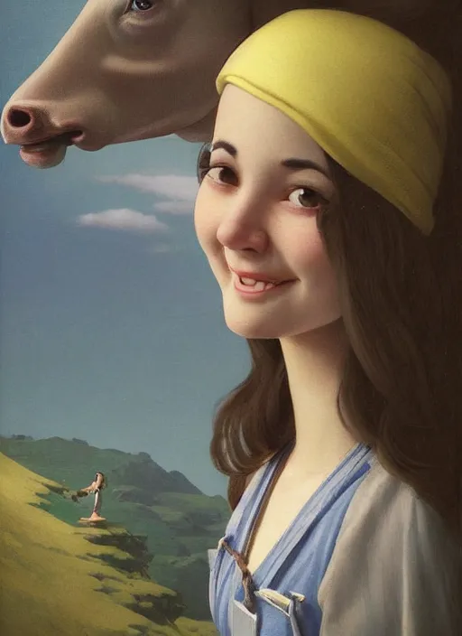 Prompt: hyper detailed 3 d render, 2 8 mm photo, cute portrait, brunette,! italian beauty!, looking at camera, symmetrical face, long brunette hair, nose ring,!! smiling cow!! by ryden, kawase hasui, dorothea tanning, edward hopper and james gilleard, aivazovsky, beksinski, artstation