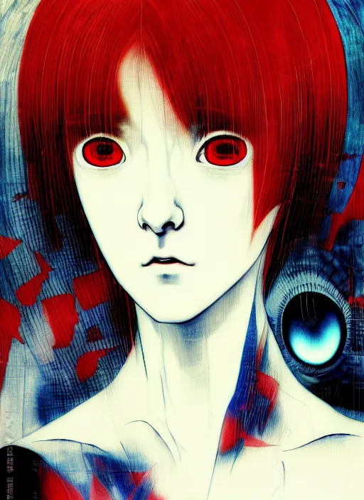Image similar to yoshitaka amano blurred and dreamy realistic three quarter angle horror portrait of a sinister young woman with short hair, horns and red eyes wearing office suit with tie, junji ito abstract patterns in the background, satoshi kon anime, noisy film grain effect, highly detailed, renaissance oil painting, weird portrait angle, blurred lost edges