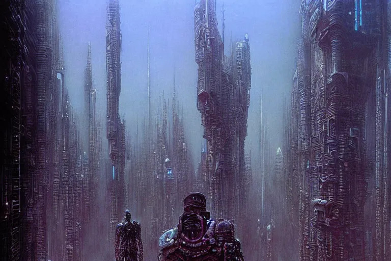 Image similar to cyberpunk future city by luis royo and wayne barlowe, beksinski