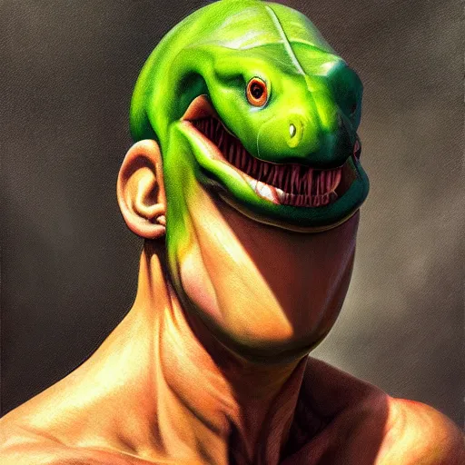 Image similar to An ultra realistic portrait painting of Yoshi the Dinosaur in the style of Frank Frazetta, 4k, Ultrarealistic, Highly Detailed, Dark Fantasy, Epic Lighting