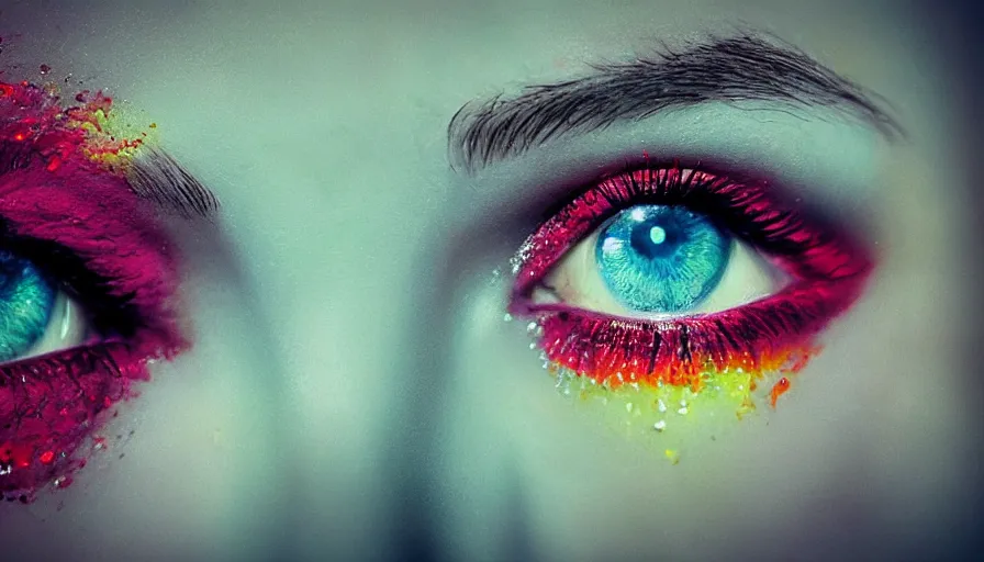 Image similar to piercing eyes and lips with a colorful background, cinematic lighting, establishing shot