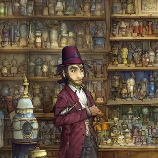 Image similar to Anthropomorphized parrot trader in his shop, art by Akihiko Yoshida and Greg Rutkowski, shelves full, selling a gem, portrait, items, magic potions, weapons, arcana, carpet, window, fancy funny hat, sly expression , cunning expression, cute expression, presenting magic gem, D&D, fantasy, cinematic lighting, highly detailed, digital painting, artstation, concept art, smooth, sharp focus, illustration, warm light, cozy warm tint, magic the gathering artwork, volumetric lighting, 8k, no gold, no gold colours