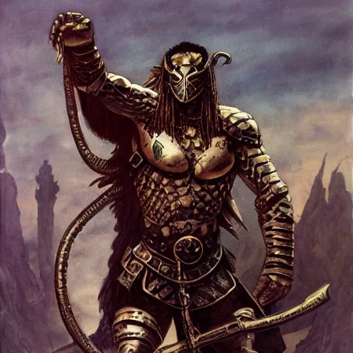 Image similar to serpent - man warlord wearing bronze age plate armor, horrific background symmetrical, zoom out, high quality, high definition, 8 k, photograph photorealistic by frank frazetta