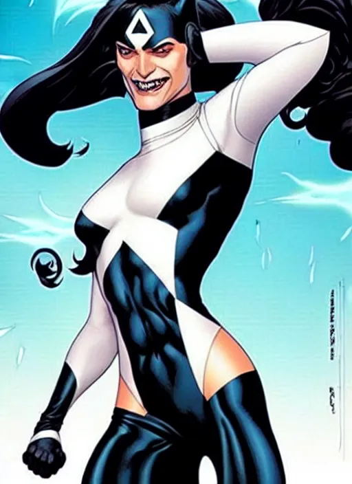 Prompt: Rafeal Albuquerque comic art, Joshua Middleton comic art, pretty female completely white skin black mark over left eye Phoebe Tonkin as Domino superhero X-MEN comics, black spot over left eye, fun smile, full body x-force outfit, long wavy black hair:: sunny weather::