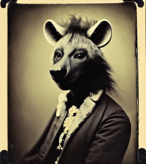 Image similar to professional studio photo portrait of anthro anthropomorphic spotted hyena head animal person fursona wearing elaborate pompous royal robes clothes by Louis Daguerre daguerreotype tintype