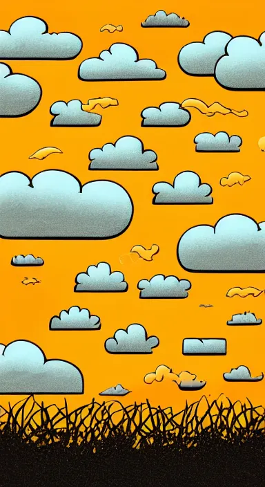 Prompt: yellow clouds, under orange clouds, sunset, smooth, cartoonish vector style, background artwork, digital art, award winning, pixel art